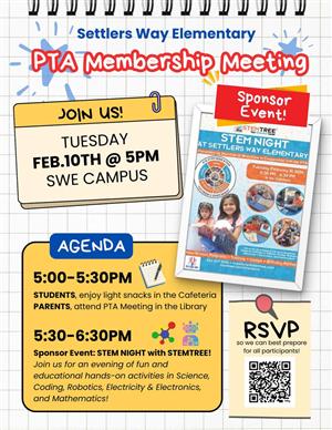 PTA Meeting and STEM Night - Tuesday, February 10th 5:00p.m.-6:30p.m.